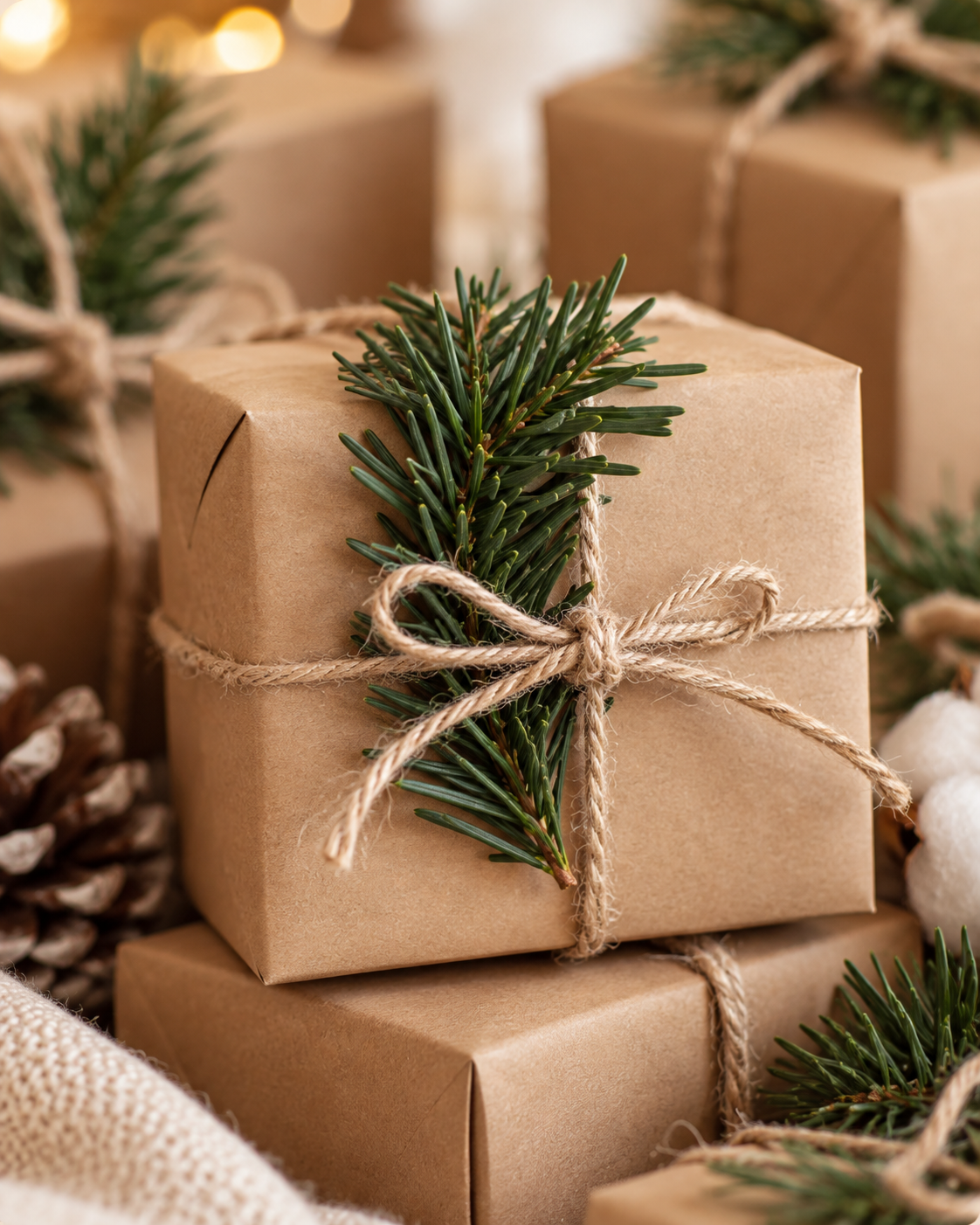 Caixinhas de papel kraft decoradas com raminhos verdes e etiqueta redonda