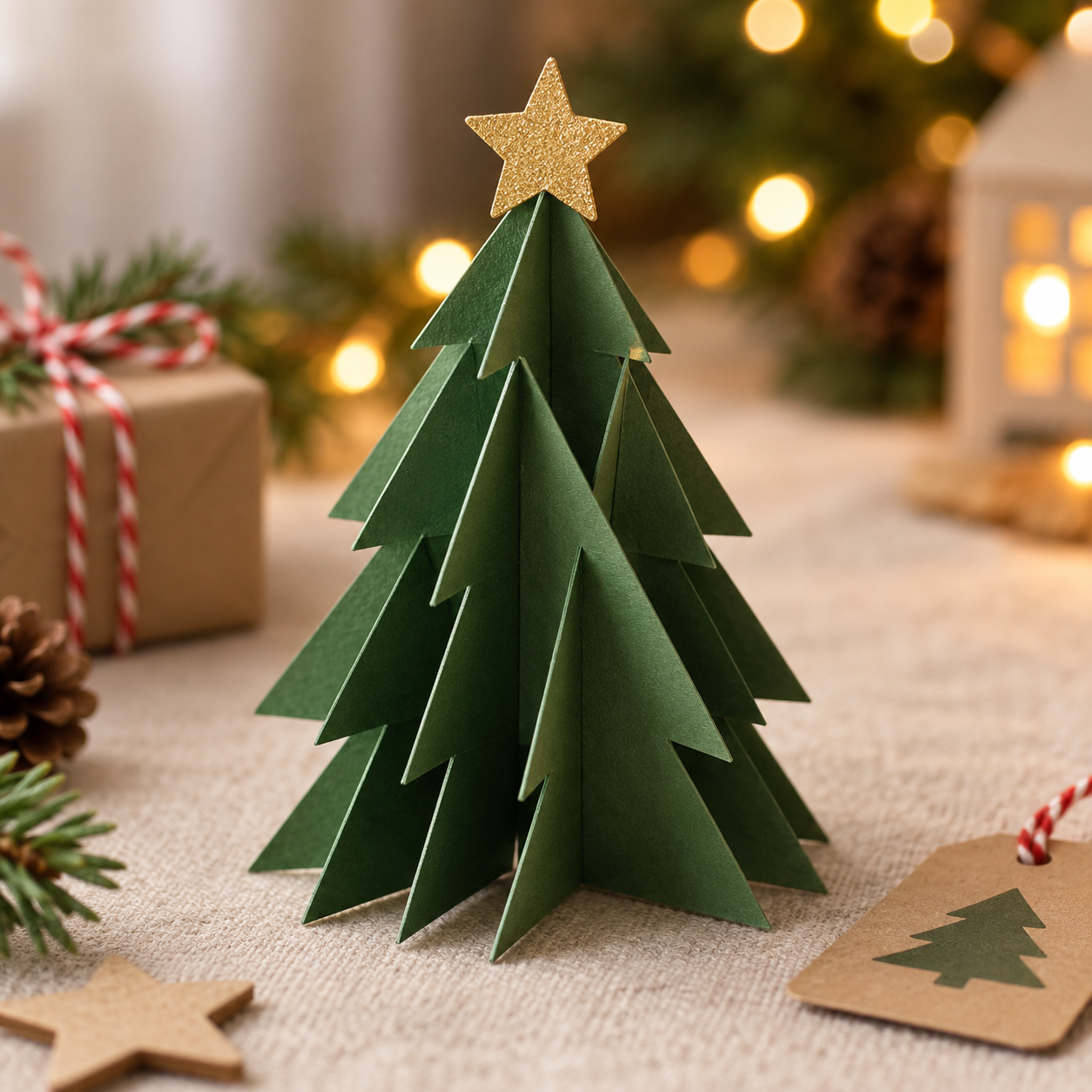 Miniárvore de Natal de papel verde montada com recortes encaixados