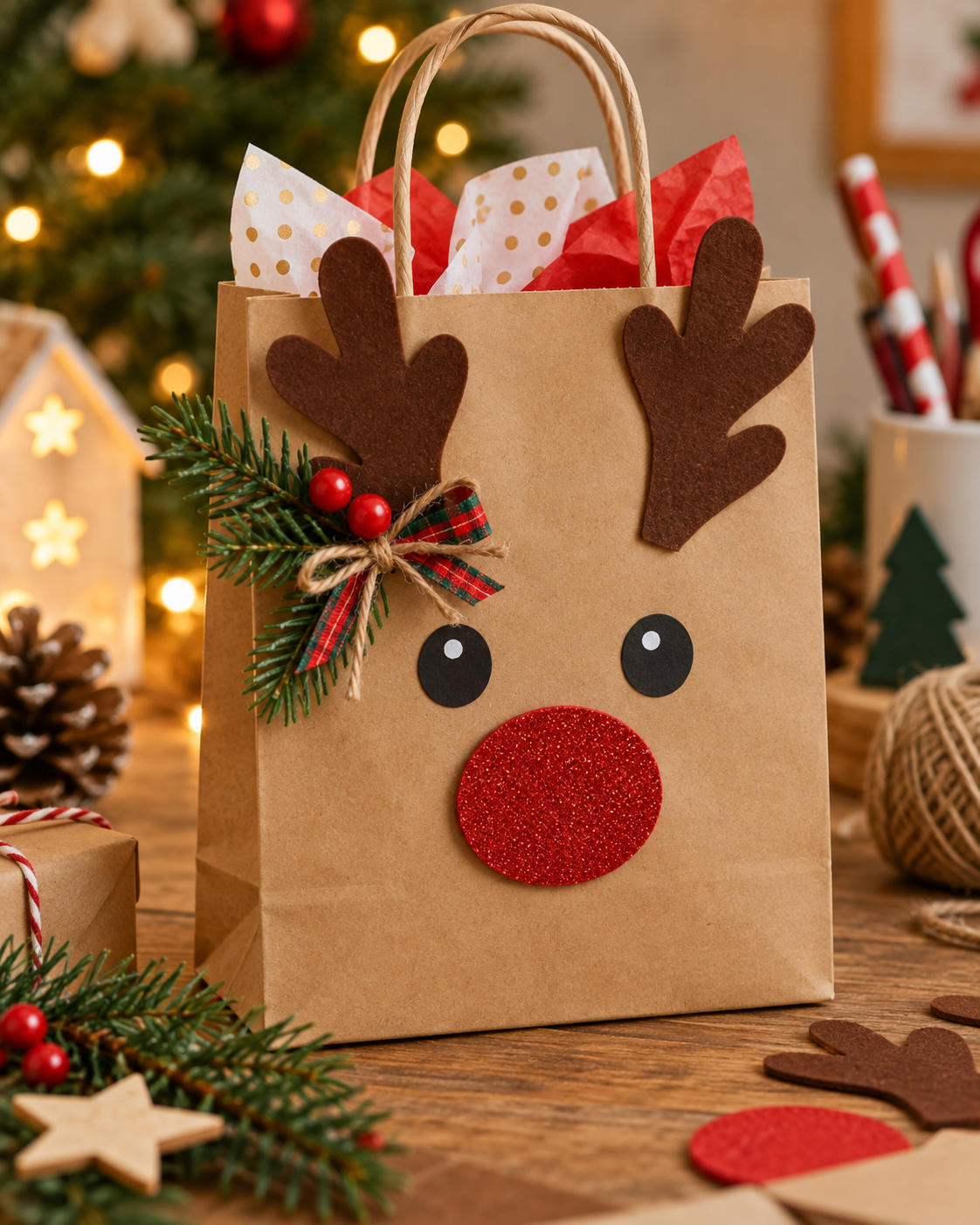 Sacolinha de papel kraft decorada como rena, com chifres e nariz vermelho de papel