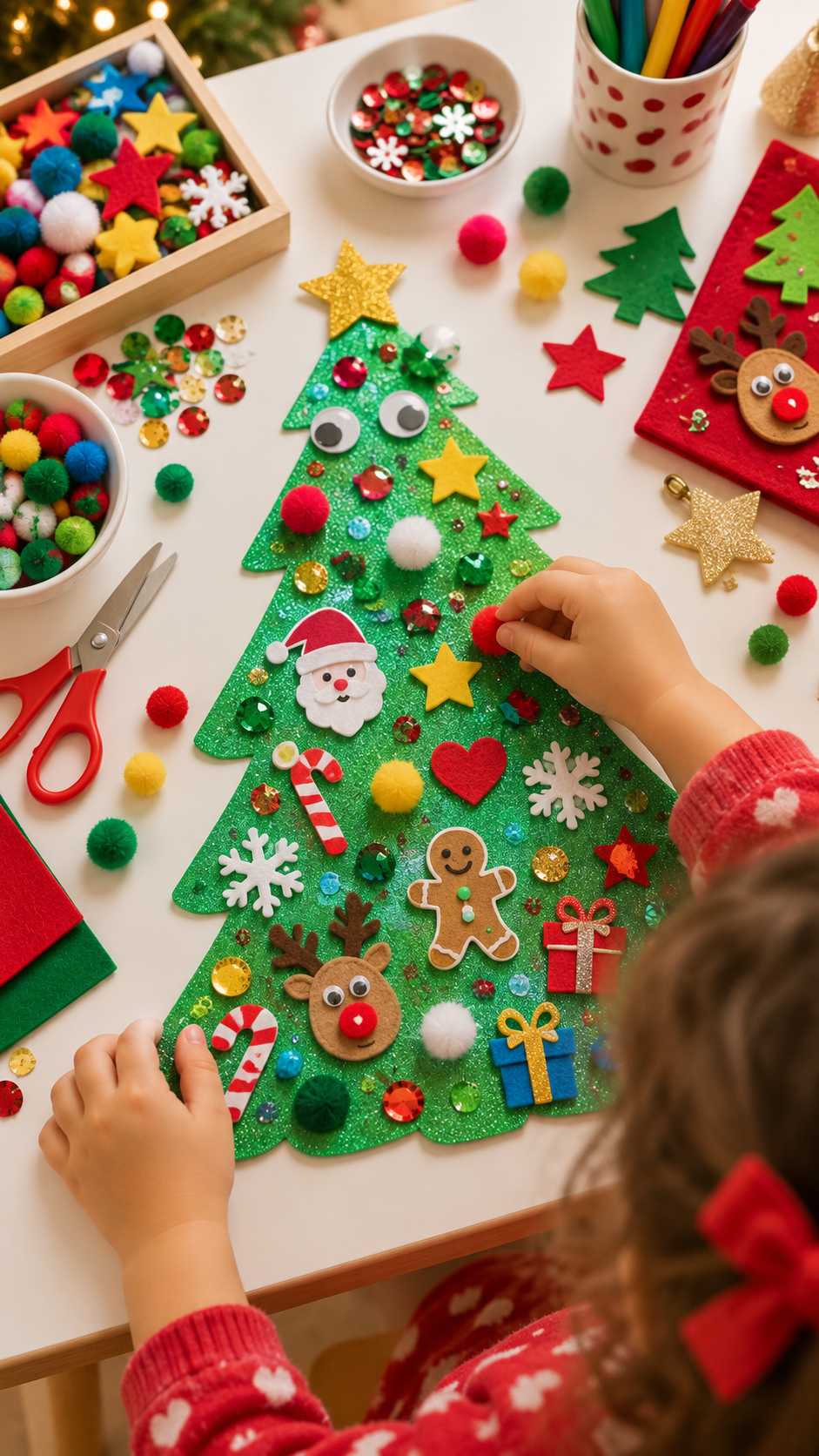 Criança decorando uma árvore de Natal de feltro com pompons, números e letras coloridas