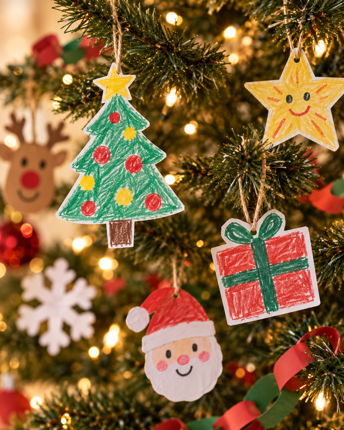 Árvore de Natal enfeitada com cartões e figuras de papel feitos por crianças