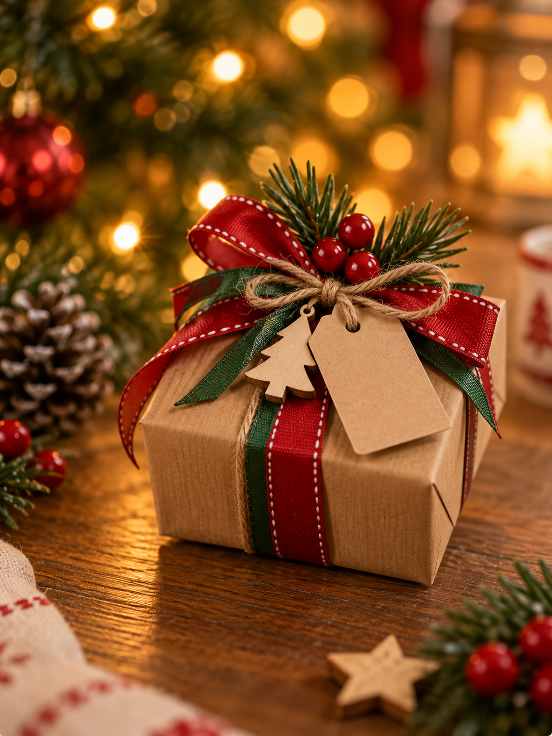 Pacotinhos empilhados, amarrados com barbante vermelho e etiqueta redonda de Feliz Natal