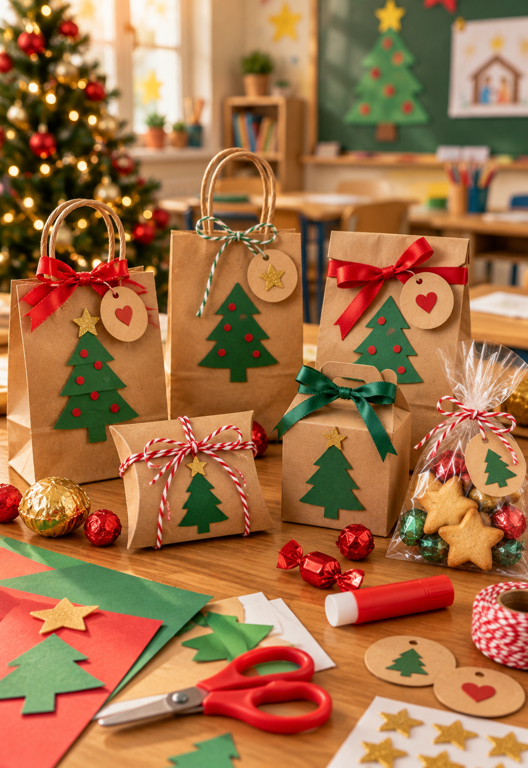 Pequeno presente com fita branca e etiqueta kraft com árvore de Natal vazada