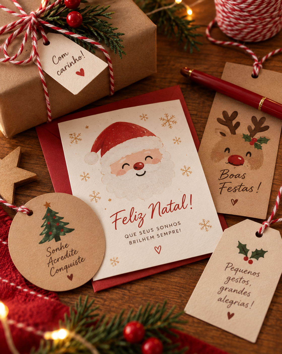 Cartão de Natal feito à mão com árvore pintada, envelope e pacotinho de papel kraft