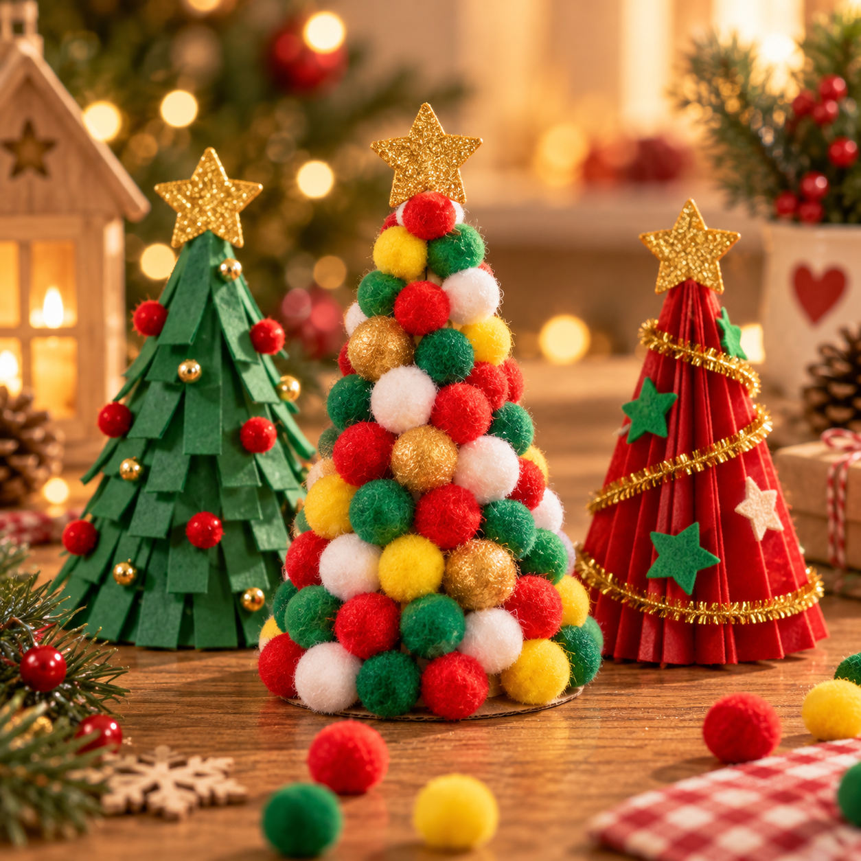 Arvorezinha de pompons coloridos ao lado de um pequeno boneco de neve artesanal