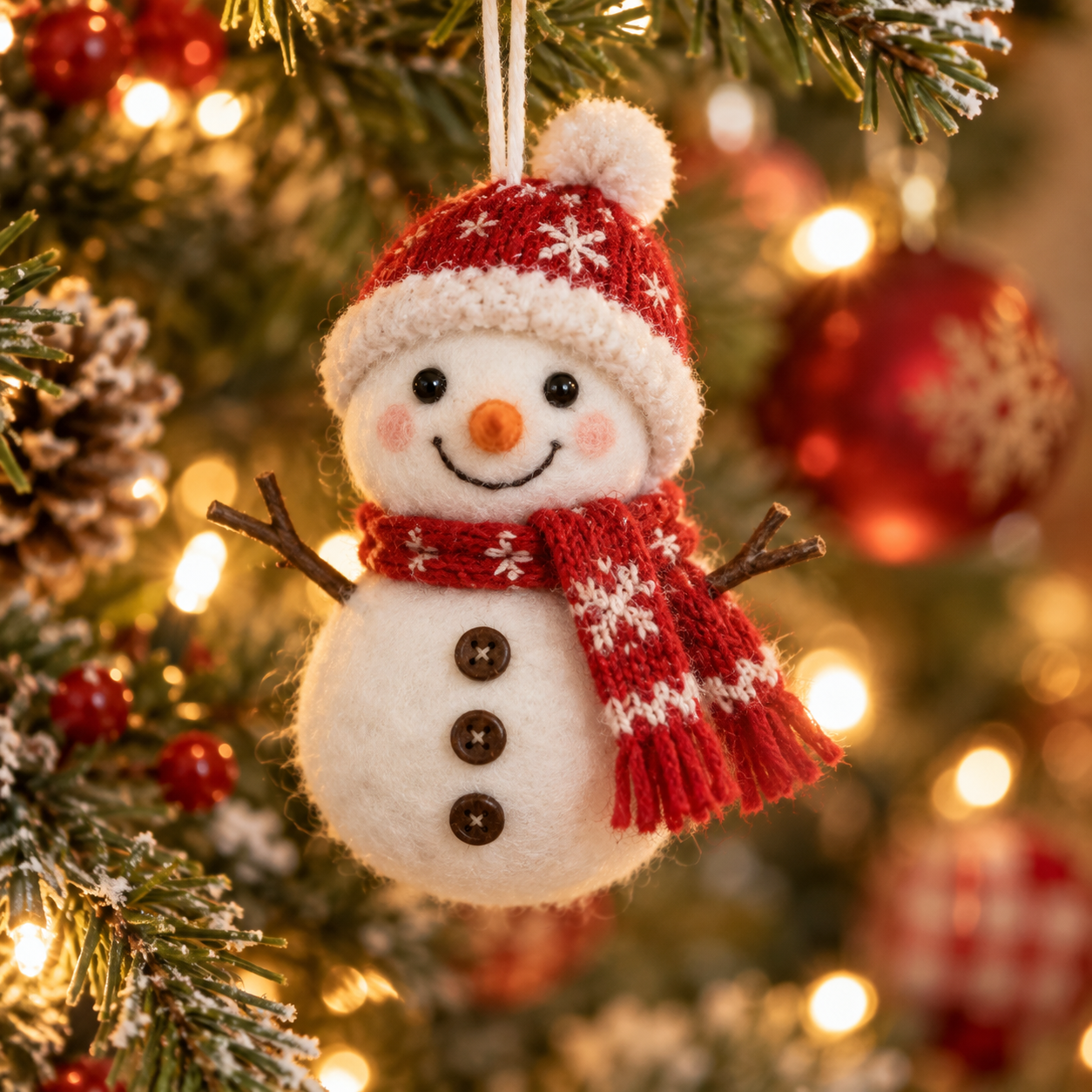 Boneco de neve pendente com cachecol listrado e protetor de orelhas vermelho