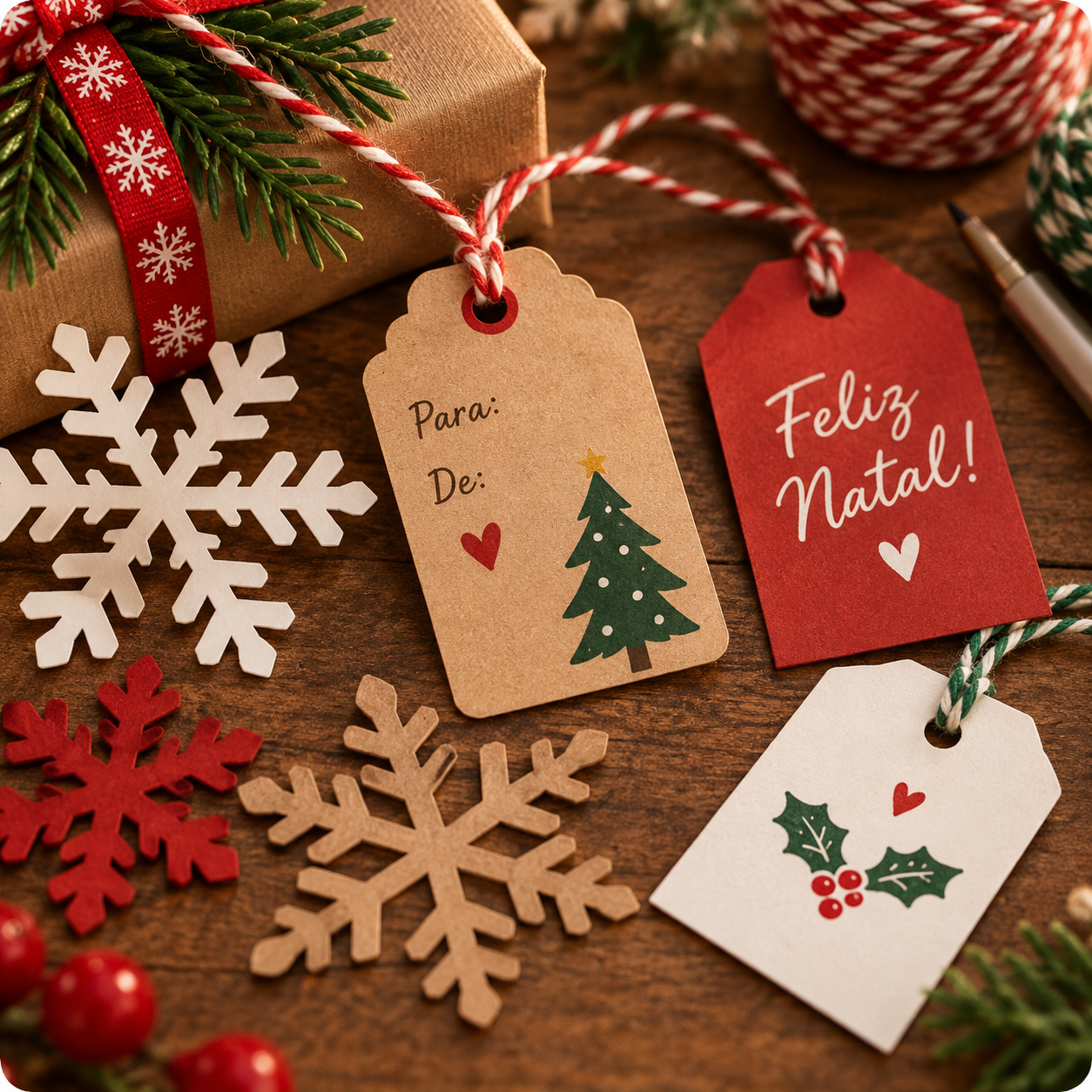 Etiqueta de presente branca com flocos de neve de papel recortado